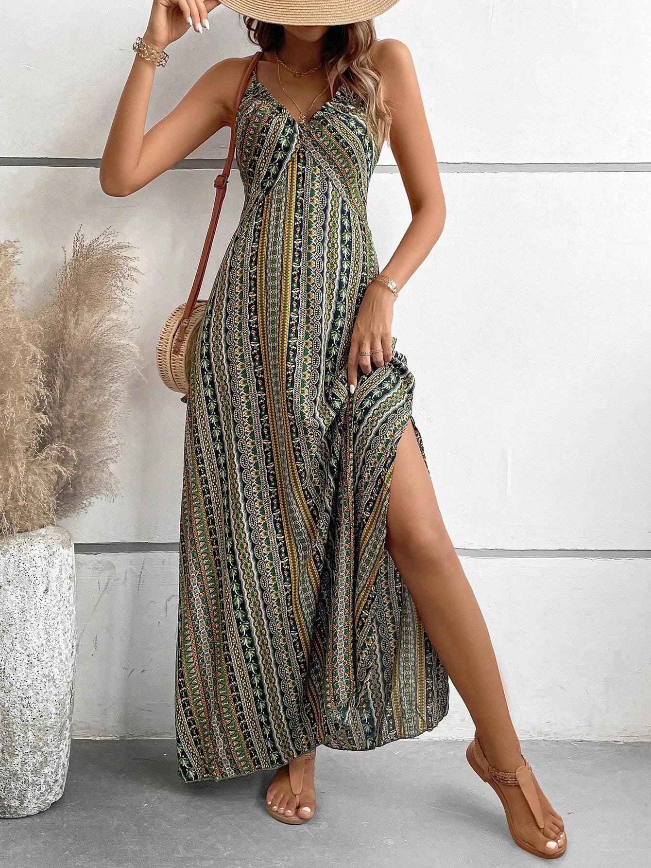 Women's Boho Print Maxi Dress with Spaghetti Straps