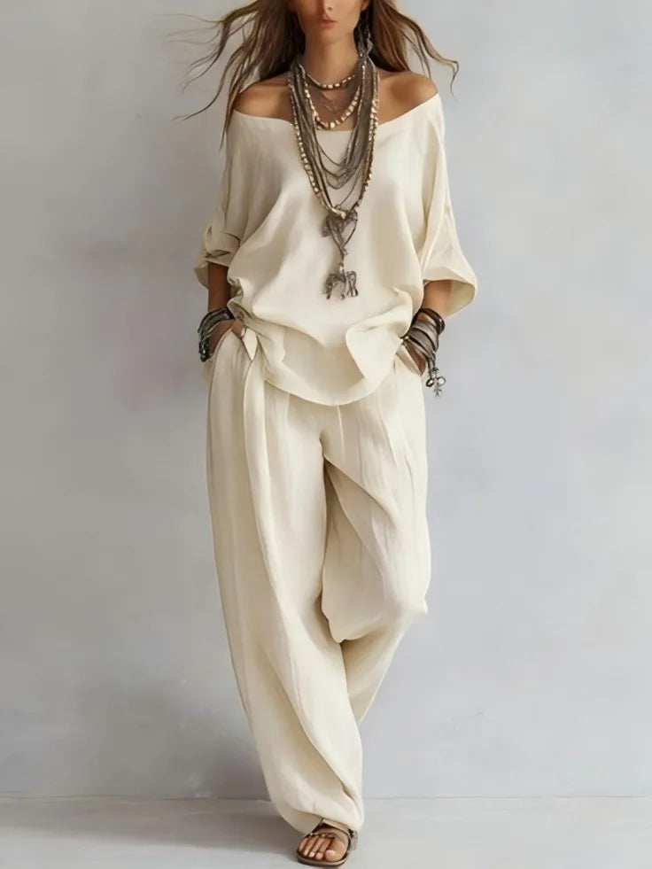Women's Off-Shoulder Top and Wide Leg Pants Set