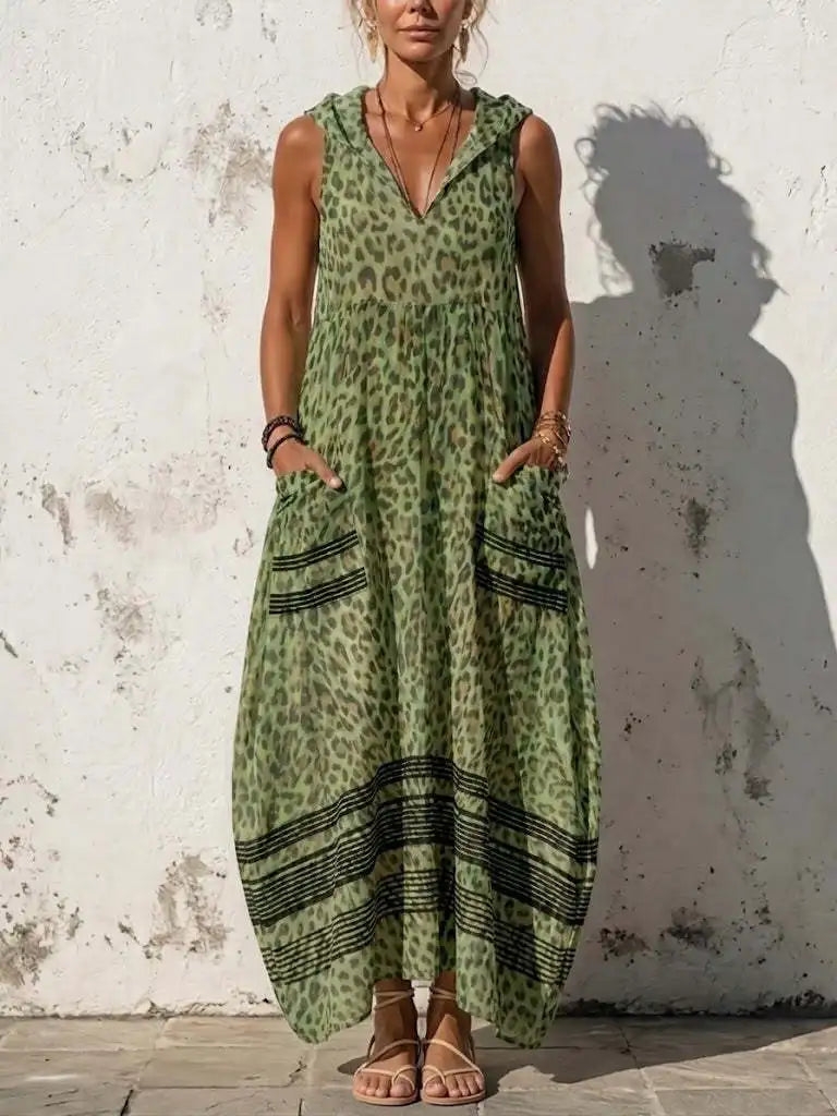 Women's Leopard Print Sleeveless V-Neck Maxi Dress