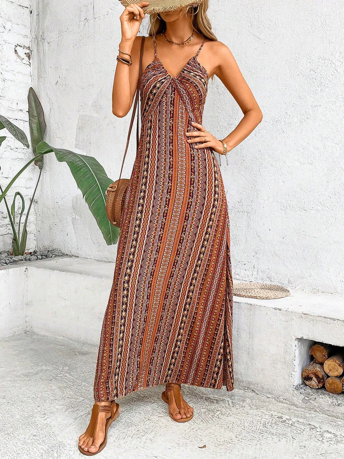 Women's Boho Print Maxi Dress with Spaghetti Straps