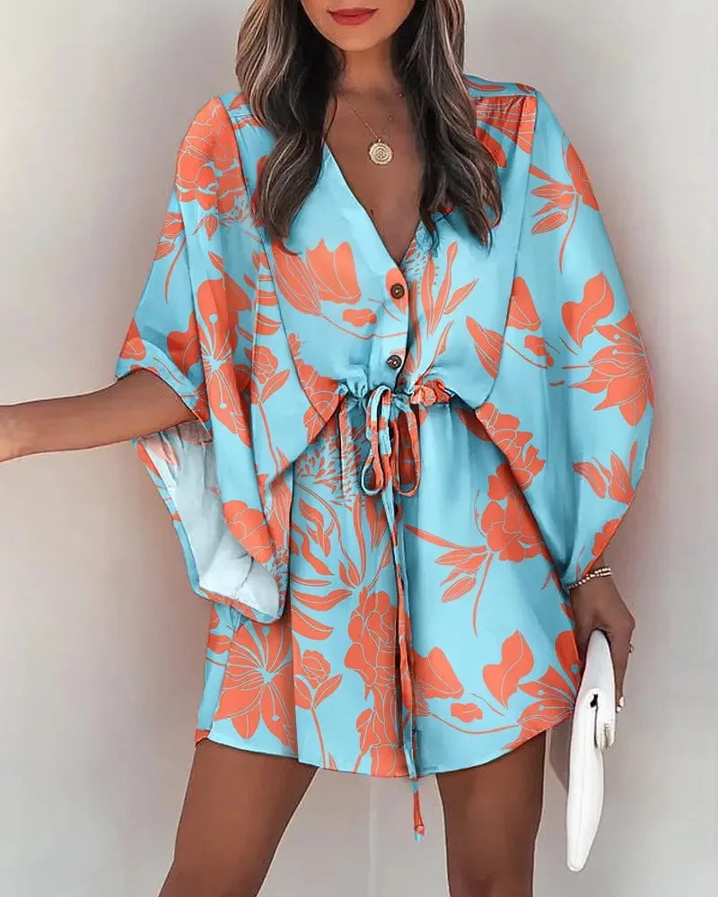 Women's Floral Print Batwing Sleeve Mini Dress, V-Neck, Adjustable Waist Tie
