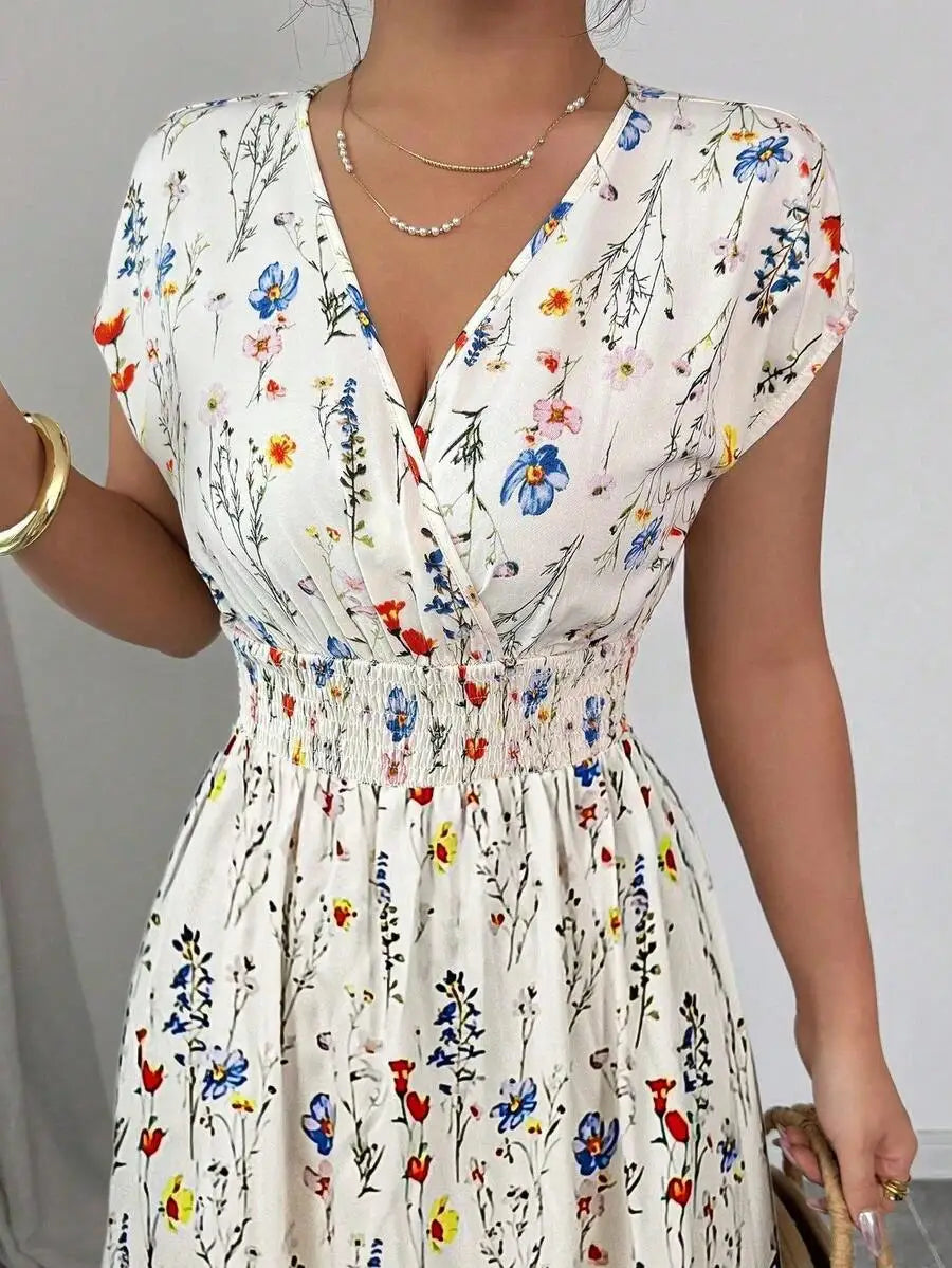 Women's Floral V-Neck Waist-Defined Maxi Dress