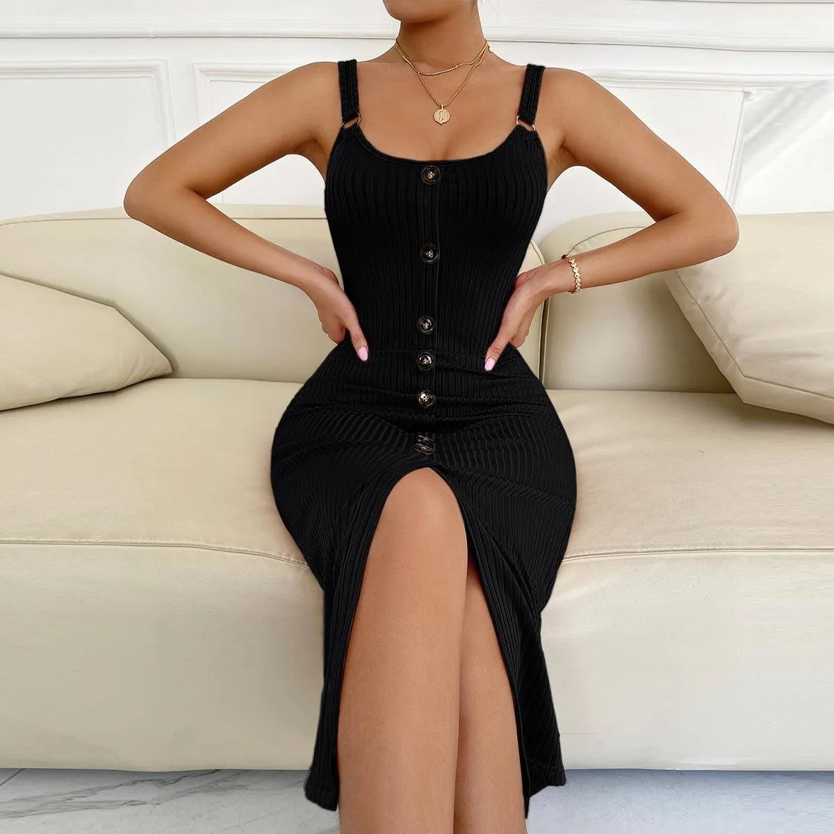 Women's Ribbed Button Front Bodycon Midi Dress