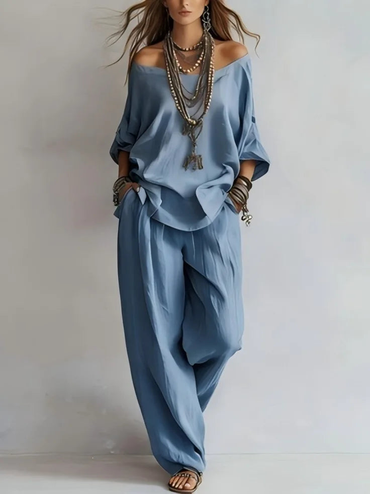Women's Off-Shoulder Top and Wide Leg Pants Set