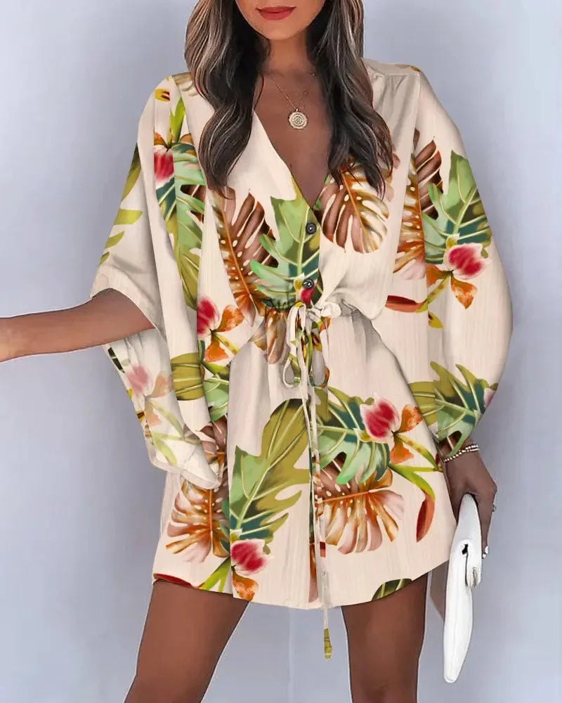 Women's Floral Print Batwing Sleeve Mini Dress, V-Neck, Adjustable Waist Tie