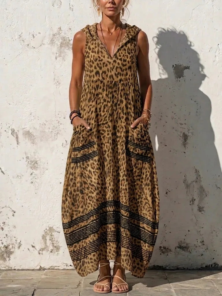 Women's Leopard Print Sleeveless V-Neck Maxi Dress