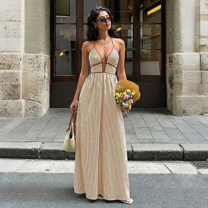Women's Striped Deep V-Neck Backless Maxi Beach Dress