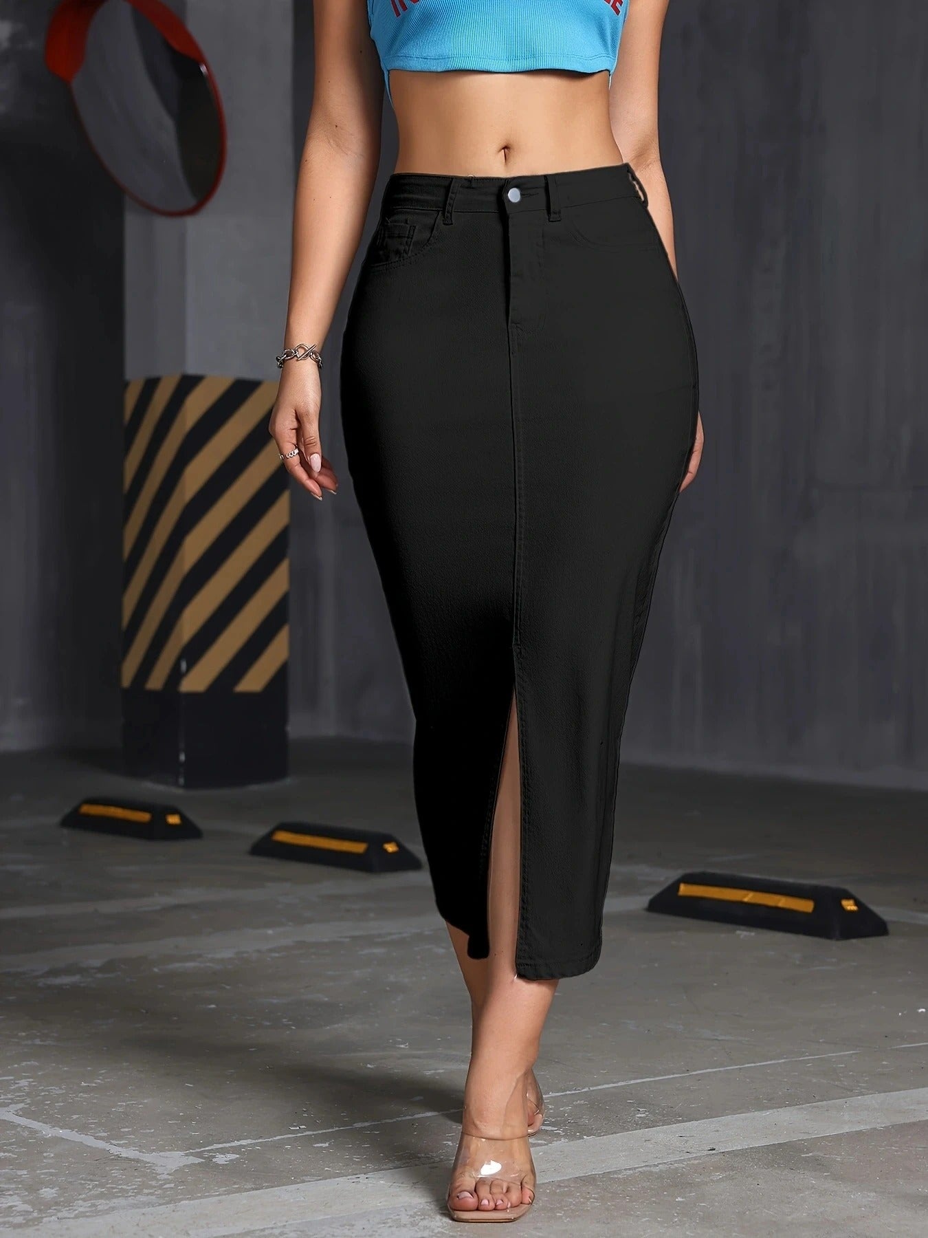 New Women's A-Line Skirt with Slit Mid-Length Simple Style Half Skirt for Ladies