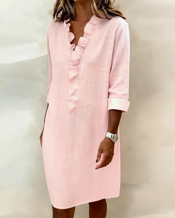 Solid Color Ruched V-Neck Dress
