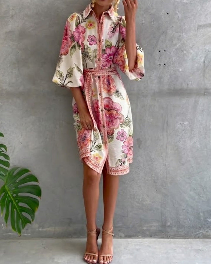 French Style Printed Dress with Lantern Sleeves