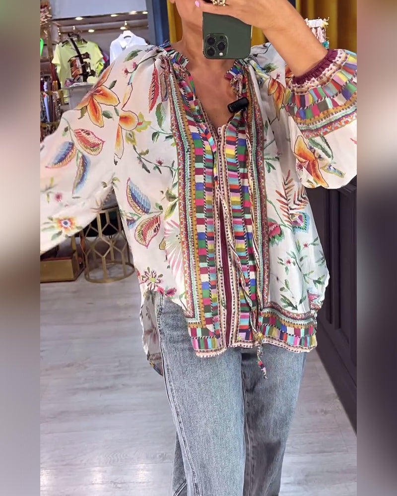 Elegant V-Neck Printed Blouse