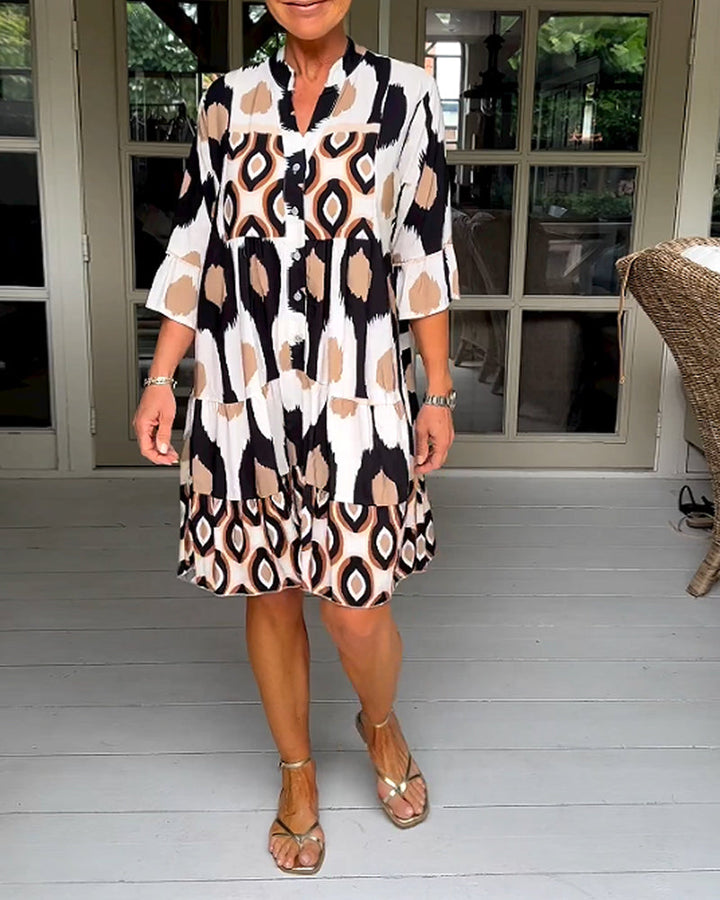 Elegant Geometric Print Button Dress