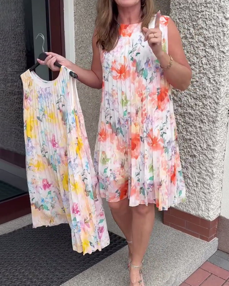 Sleeveless Pleated Floral Dress