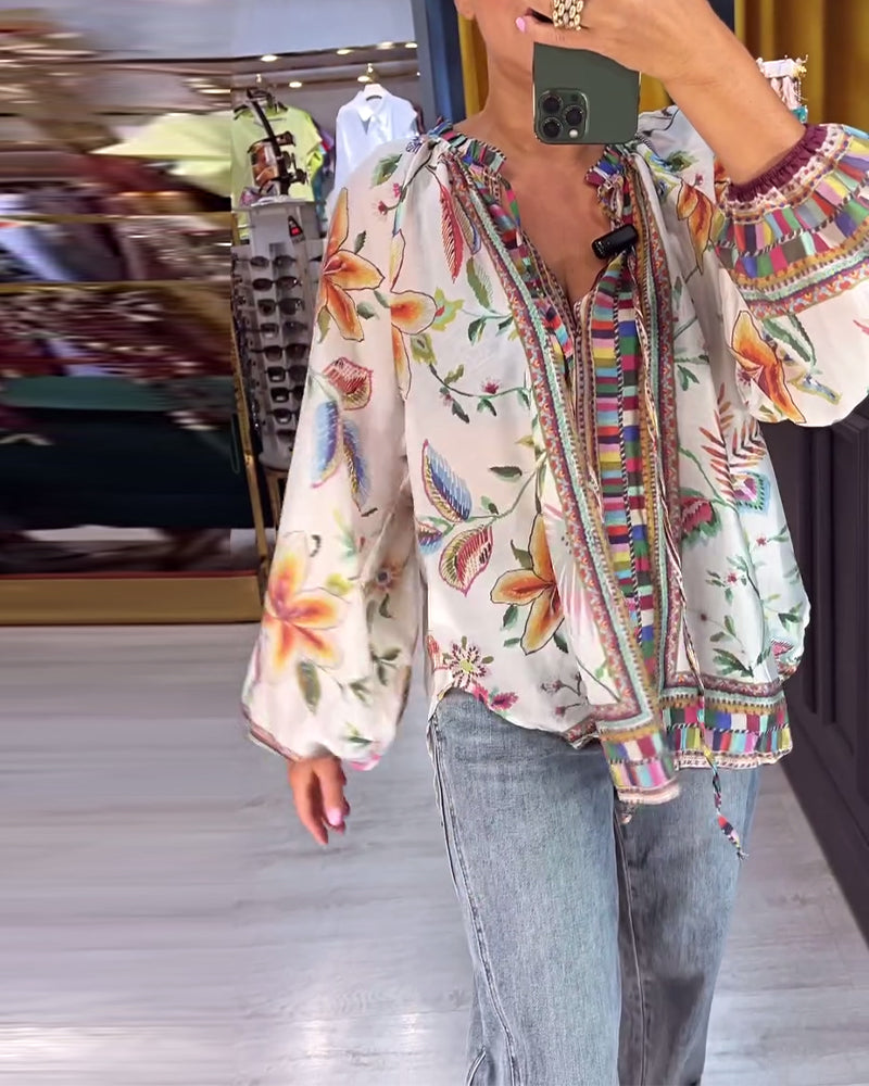 Elegant V-Neck Printed Blouse