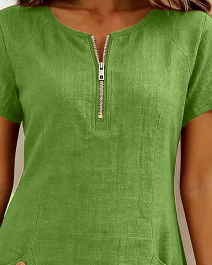 Cotton Linen Dress with Zipper and Pockets