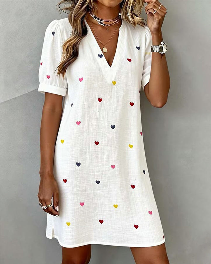 Colourful Heart Print V-Neck Dress