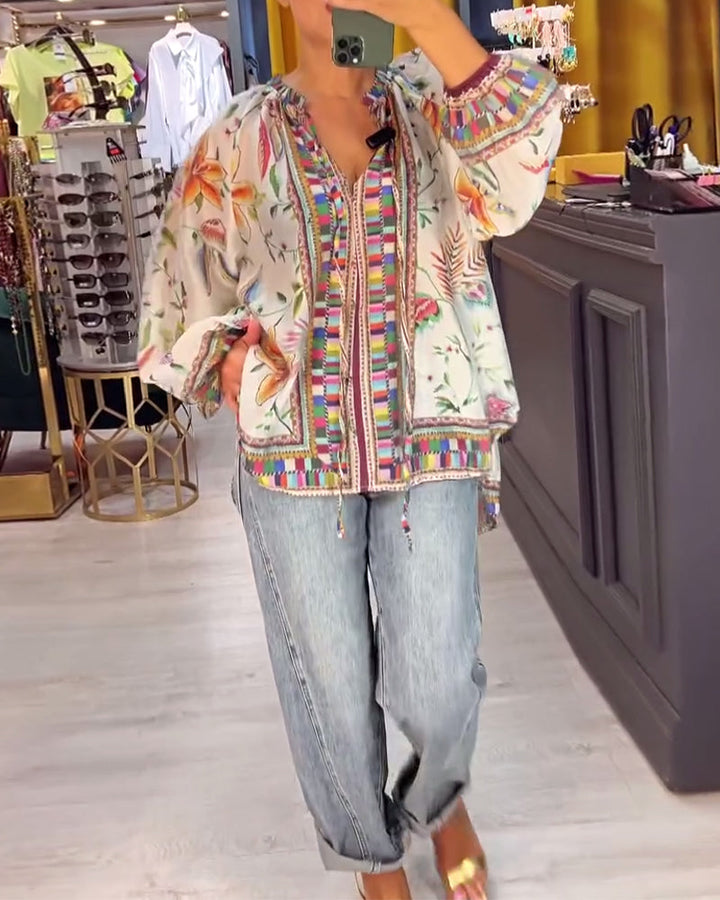 Elegant V-Neck Printed Blouse