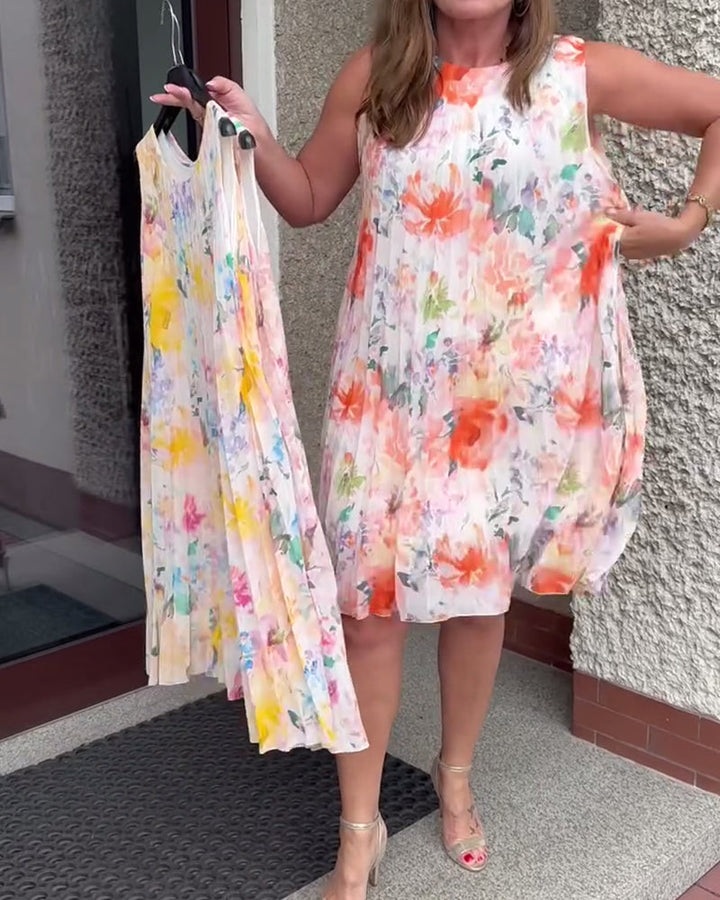 Sleeveless Pleated Floral Dress