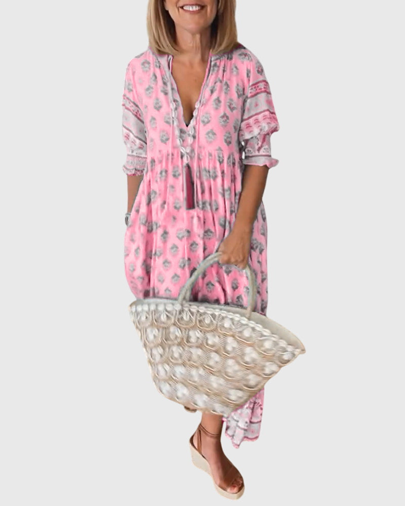 Brigid | Elegant V-Neck Printed Dress
