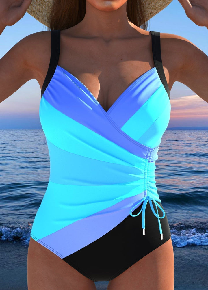 Luxe Surplice Black Swimsuit with Colorful Print