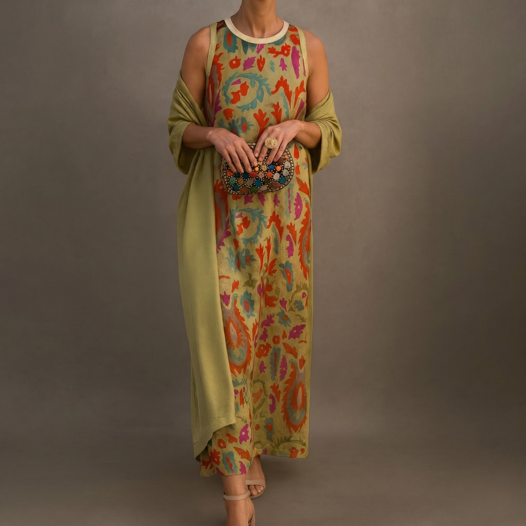 Daniela™ | Printed Dress & Matching Waistcoat