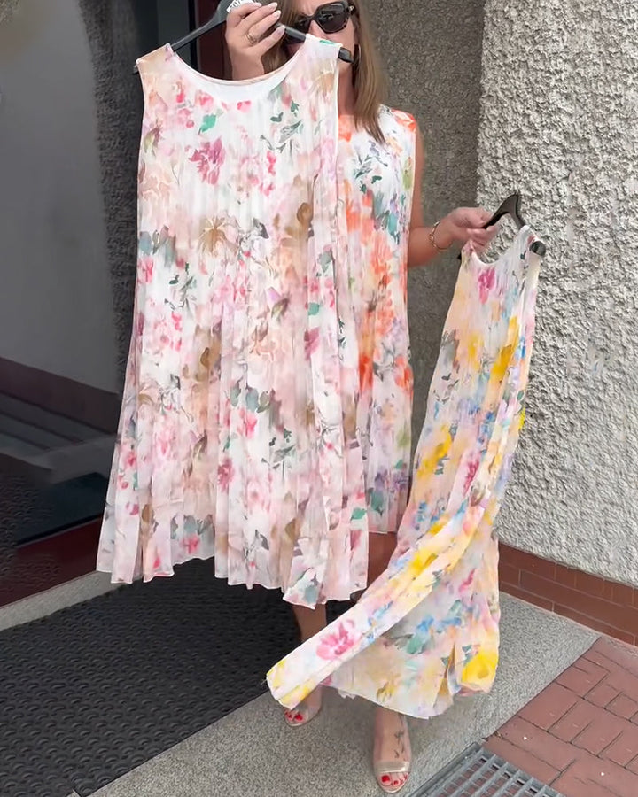 Sleeveless Pleated Floral Dress