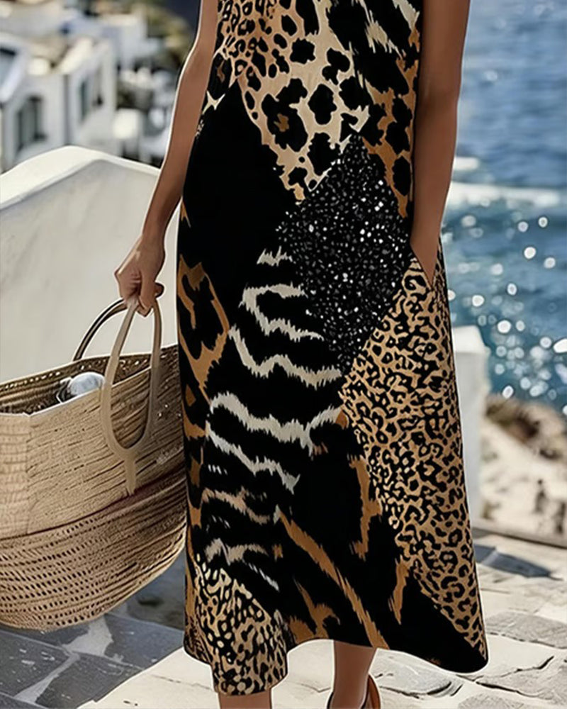 Sleeveless Patchwork Leopard Print Maxi Dress
