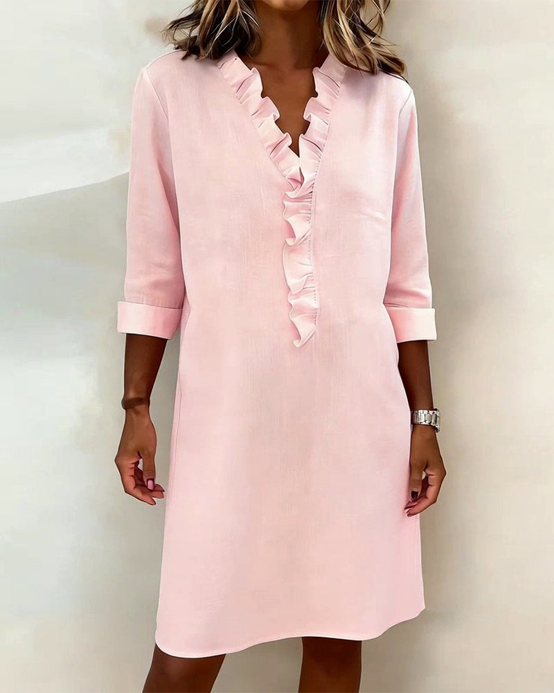 Solid Color Ruched V-Neck Dress