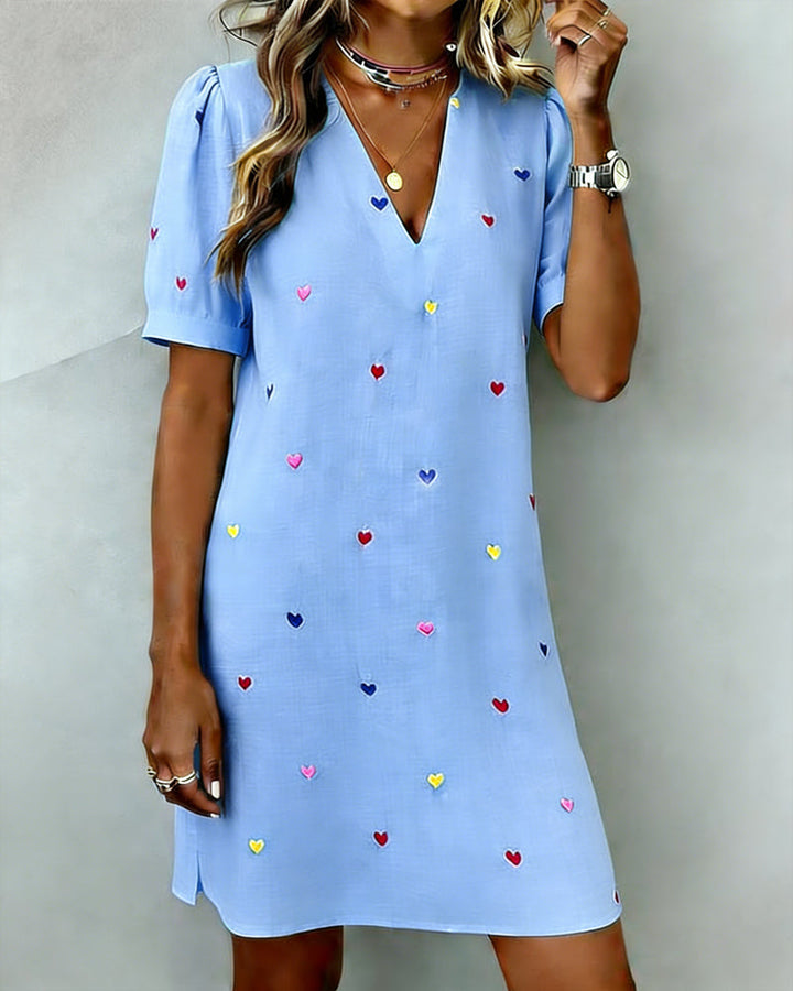 Colourful Heart Print V-Neck Dress