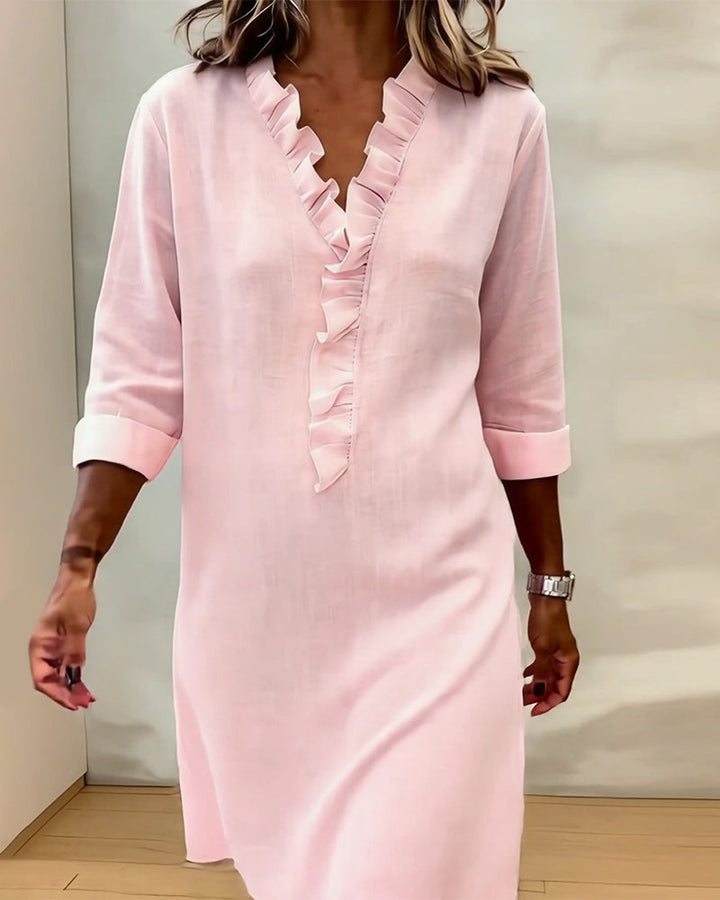 Solid Color Ruched V-Neck Dress