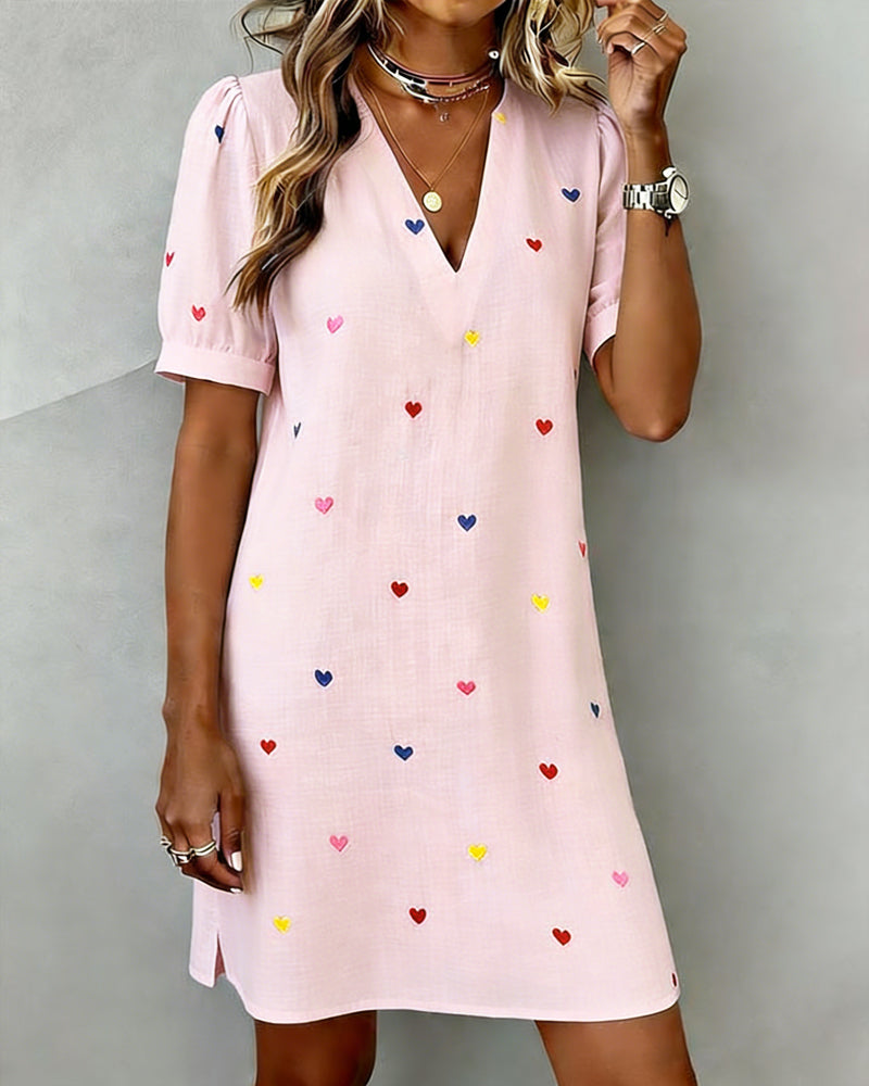 Colourful Heart Print V-Neck Dress