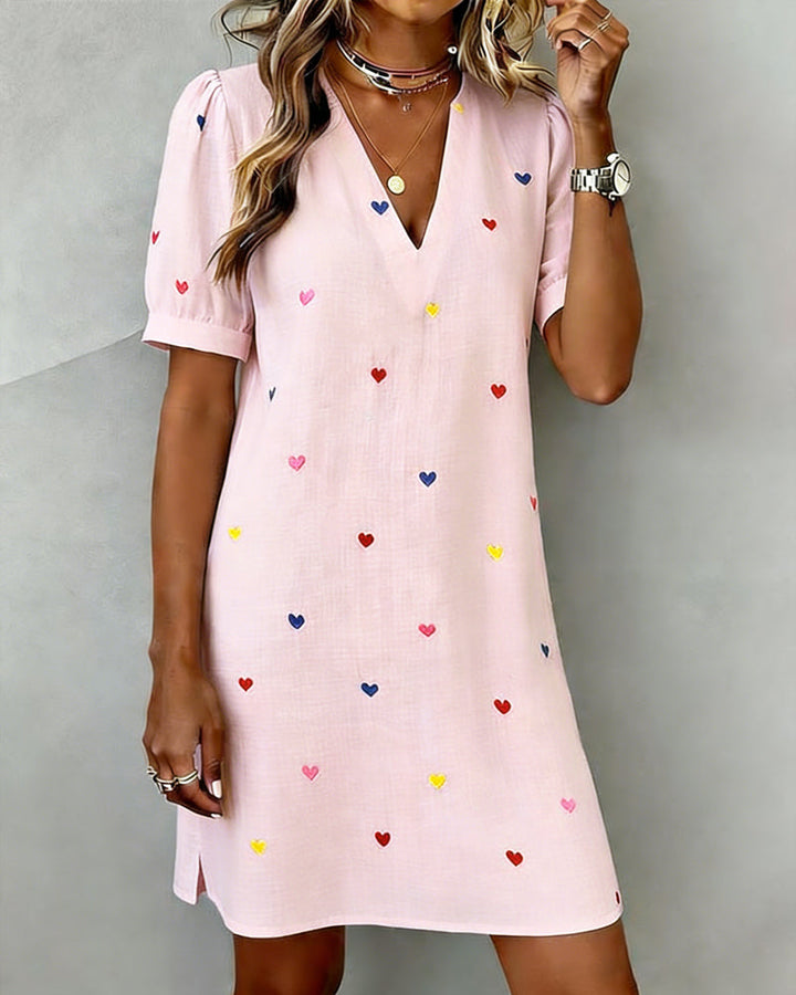 Colourful Heart Print V-Neck Dress