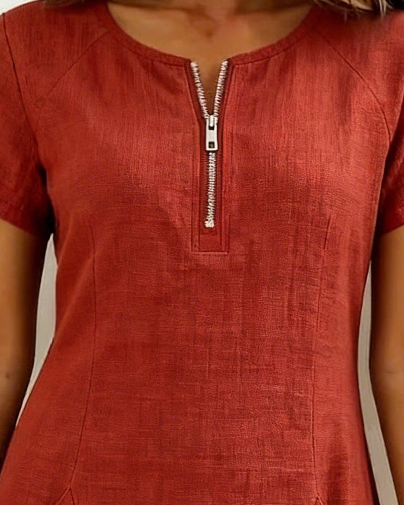Cotton Linen Dress with Zipper and Pockets