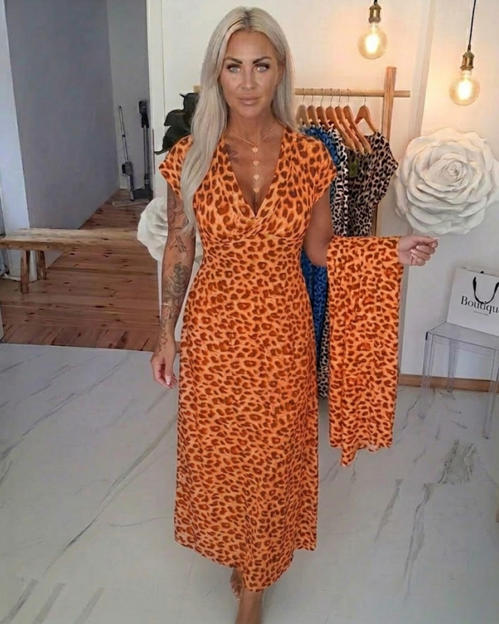 Elegant Leopard Print V-Neck Dress
