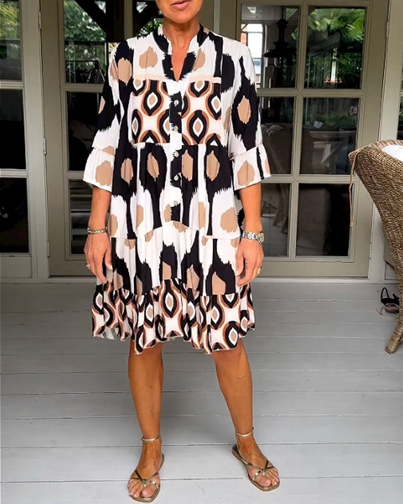 Elegant Geometric Print Button Dress