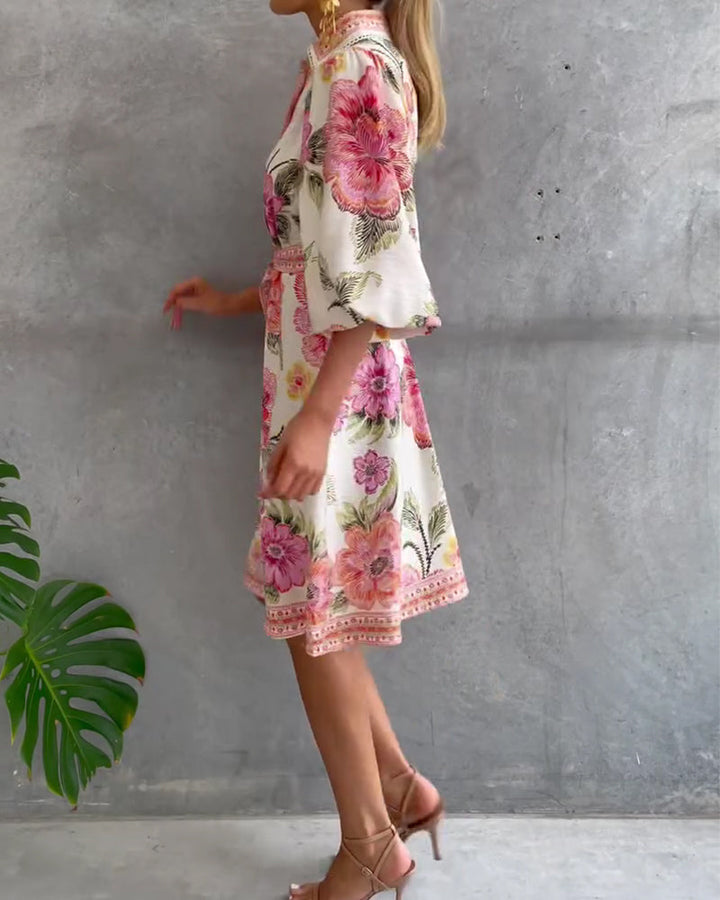 French Style Printed Dress with Lantern Sleeves