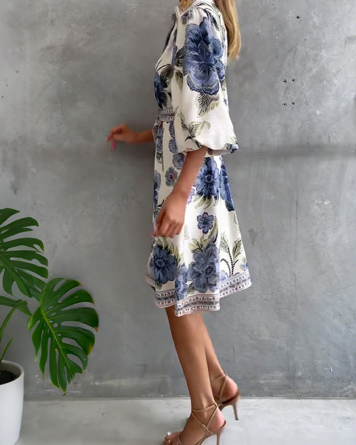 French Style Printed Dress with Lantern Sleeves