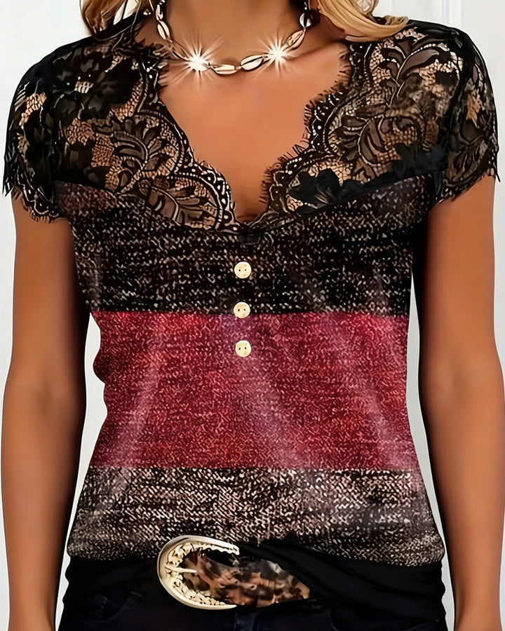 V-Neck Lace Patchwork Contrast Colour T-Shirt