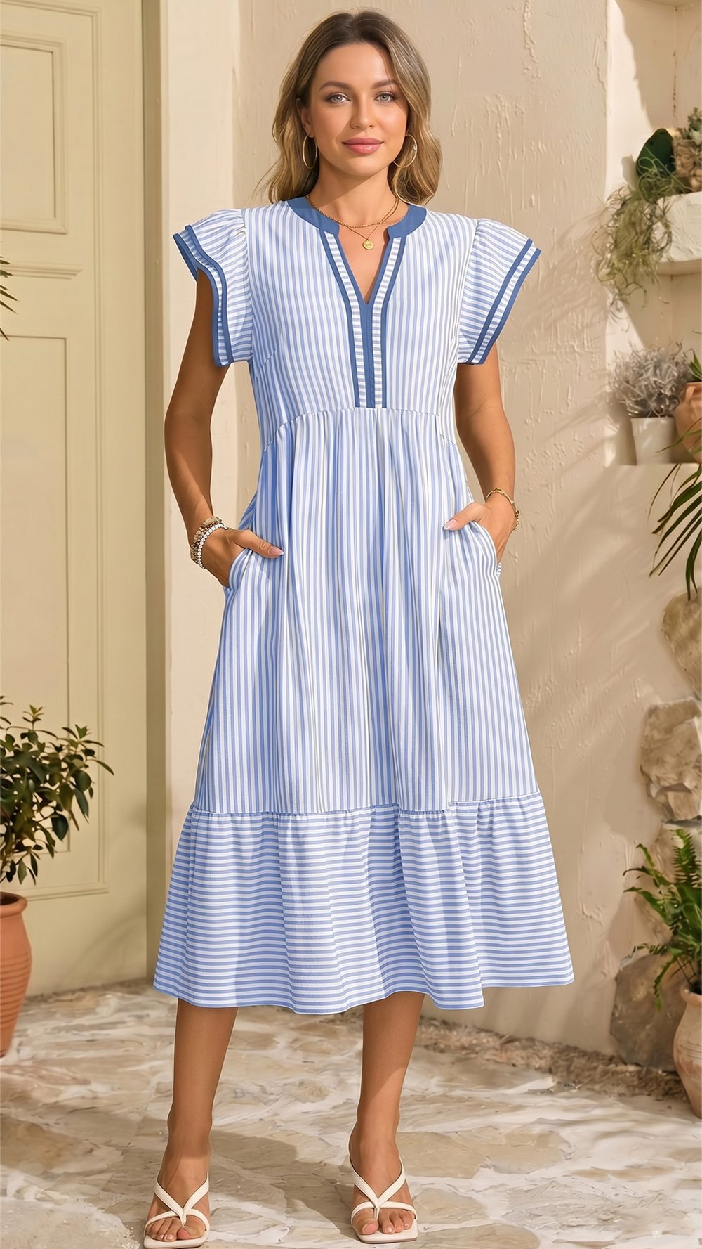 Alvéra | Striped Midi Dress with Pockets