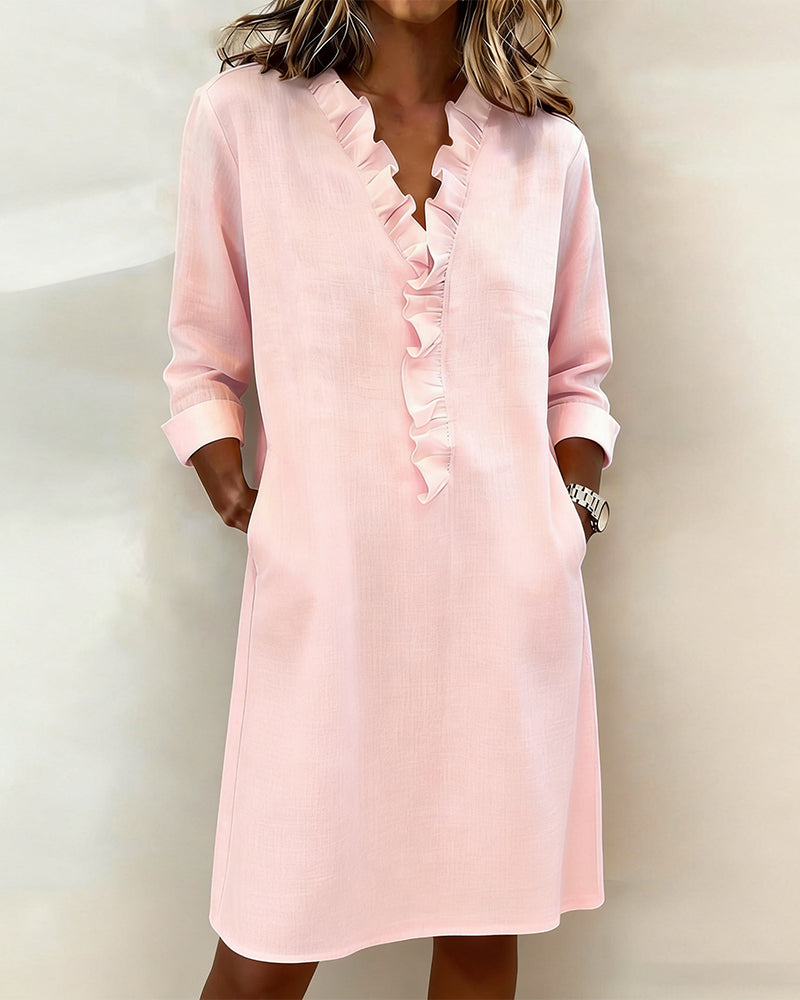 Solid Color Ruched V-Neck Dress