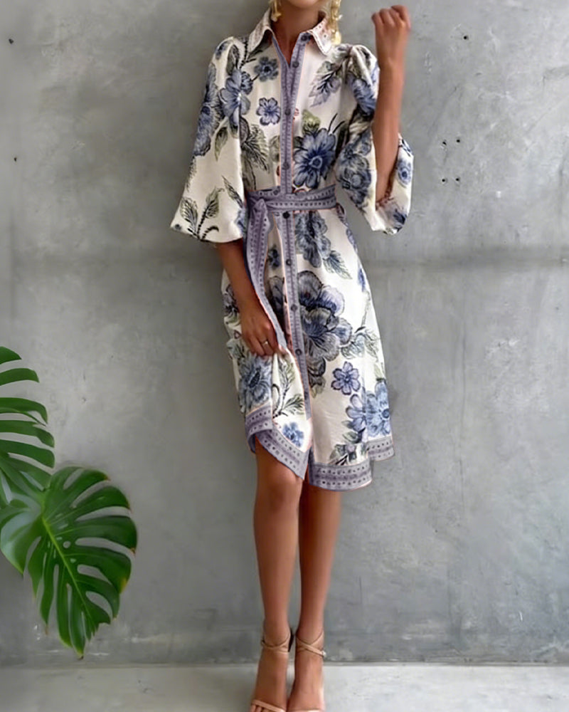 French Style Printed Dress with Lantern Sleeves
