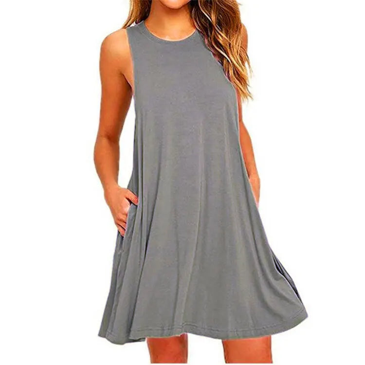Women's Sleeveless Casual Swing Dress with Pockets