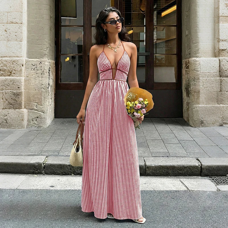 Women's Striped Deep V-Neck Backless Maxi Beach Dress