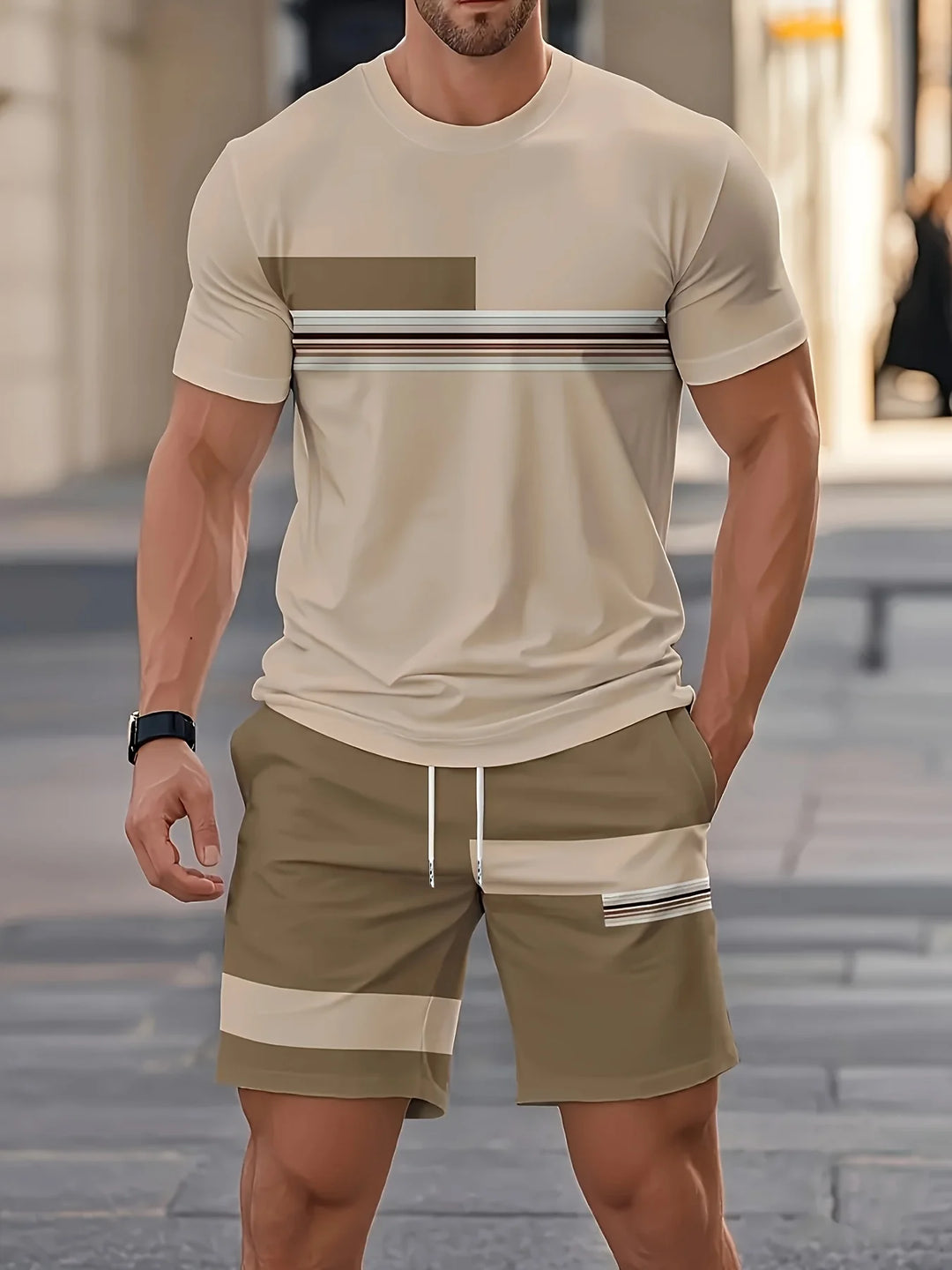 Men's Casual Two-Piece Set Striped Print Short-Sleeve Shirt and Athletic Shorts Set Men's Fitness Set