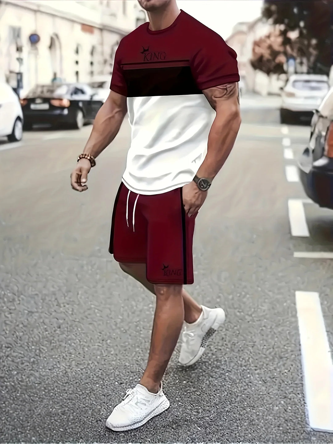 Men's Casual Two-Piece Set Striped Print Short-Sleeve Shirt and Athletic Shorts Set Men's Fitness Set