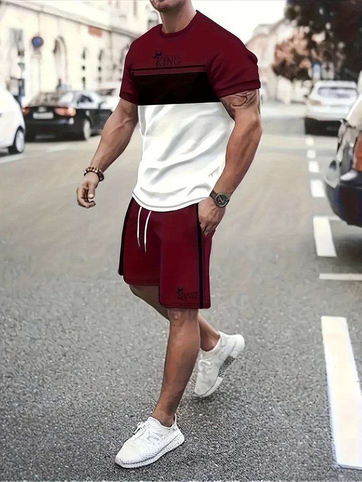 Men's Casual Two-Piece Set Striped Print Short-Sleeve Shirt and Athletic Shorts Set Men's Fitness Set