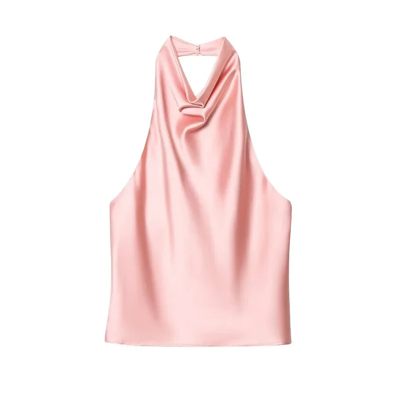 Women's Satin Halter Neck Backless Cami Top