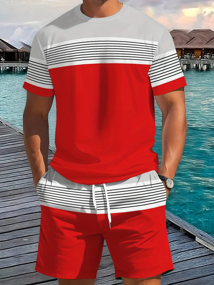 Men's Casual Two-Piece Set Striped Print Short-Sleeve Shirt and Athletic Shorts Set Men's Fitness Set