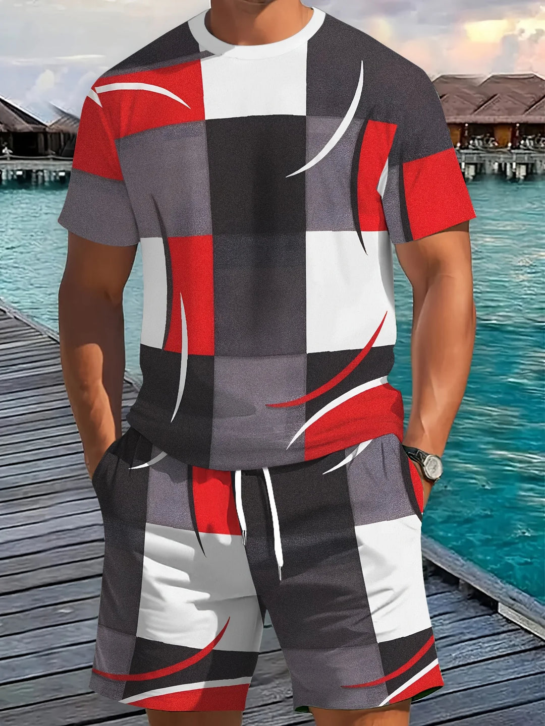 Men's Casual Two-Piece Set Striped Print Short-Sleeve Shirt and Athletic Shorts Set Men's Fitness Set