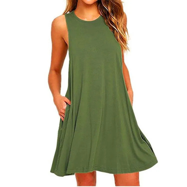Women's Sleeveless Casual Swing Dress with Pockets